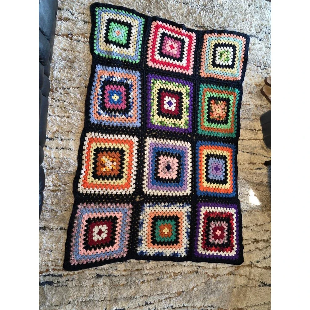 Vtg Crocheted Granny Square Afghan Lap Blanket Throw Multicolored 55x77